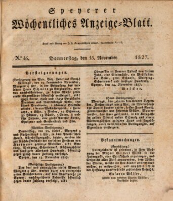 Speyerer wöchentliches Anzeige-Blatt Donnerstag 15. November 1827