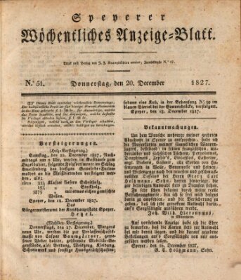 Speyerer wöchentliches Anzeige-Blatt Donnerstag 20. Dezember 1827