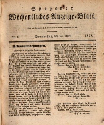 Speyerer wöchentliches Anzeige-Blatt Donnerstag 24. April 1828