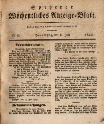 Speyerer wöchentliches Anzeige-Blatt Donnerstag 17. Juli 1828