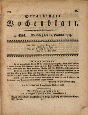 Straubinger Wochenblatt Montag 22. Dezember 1823