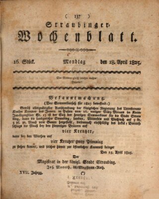 Straubinger Wochenblatt Montag 18. April 1825