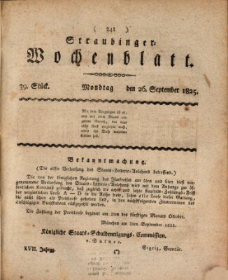 Straubinger Wochenblatt Montag 26. September 1825