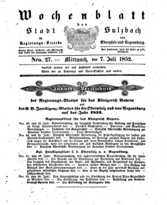 Wochenblatt der Stadt Sulzbach im Regierungs-Bezirke von Oberpfalz und Regensburg des Königreichs Bayern (Sulzbacher Wochenblatt) Mittwoch 7. Juli 1852