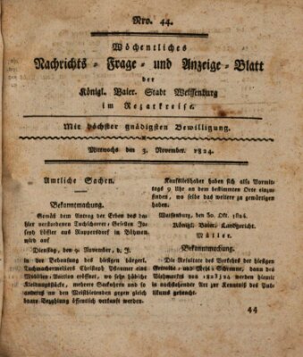 Wöchentliches Nachrichts-, Frage- und Anzeige-Blatt der Königlich Bayerischen Stadt Weissenburg in Mittelfranken Mittwoch 3. November 1824