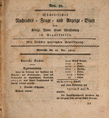 Wöchentliches Nachrichts-, Frage- und Anzeige-Blatt der Königlich Bayerischen Stadt Weissenburg in Mittelfranken Dienstag 27. Dezember 1825