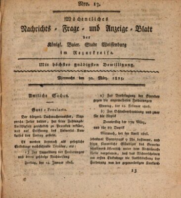 Wöchentliches Nachrichts-, Frage- und Anzeige-Blatt der Königlich Bayerischen Stadt Weissenburg in Mittelfranken Mittwoch 30. März 1825