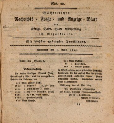 Wöchentliches Nachrichts-, Frage- und Anzeige-Blatt der Königlich Bayerischen Stadt Weissenburg in Mittelfranken Mittwoch 1. Juni 1825