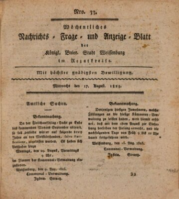 Wöchentliches Nachrichts-, Frage- und Anzeige-Blatt der Königlich Bayerischen Stadt Weissenburg in Mittelfranken Mittwoch 17. August 1825