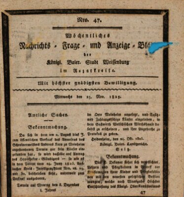 Wöchentliches Nachrichts-, Frage- und Anzeige-Blatt der Königlich Bayerischen Stadt Weissenburg in Mittelfranken Mittwoch 23. November 1825