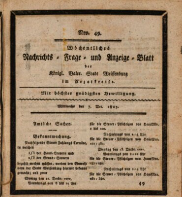 Wöchentliches Nachrichts-, Frage- und Anzeige-Blatt der Königlich Bayerischen Stadt Weissenburg in Mittelfranken Mittwoch 7. Dezember 1825