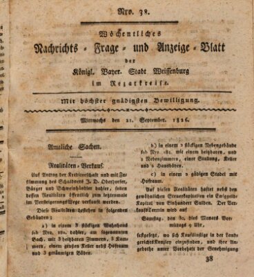 Wöchentliches Nachrichts-, Frage- und Anzeige-Blatt der Königlich Bayerischen Stadt Weissenburg in Mittelfranken Donnerstag 21. September 1826