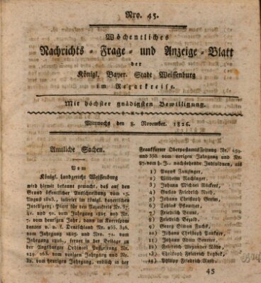 Wöchentliches Nachrichts-, Frage- und Anzeige-Blatt der Königlich Bayerischen Stadt Weissenburg in Mittelfranken Mittwoch 8. November 1826