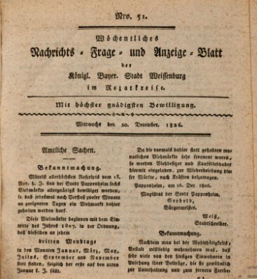 Wöchentliches Nachrichts-, Frage- und Anzeige-Blatt der Königlich Bayerischen Stadt Weissenburg in Mittelfranken Mittwoch 20. Dezember 1826