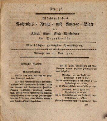 Wöchentliches Nachrichts-, Frage- und Anzeige-Blatt der Königlich Bayerischen Stadt Weissenburg in Mittelfranken Samstag 21. April 1827