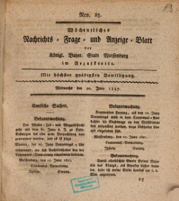 Wöchentliches Nachrichts-, Frage- und Anzeige-Blatt der Königlich Bayerischen Stadt Weissenburg in Mittelfranken Mittwoch 20. Juni 1827