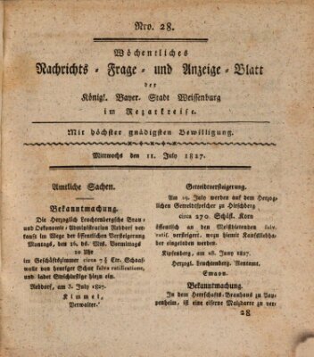 Wöchentliches Nachrichts-, Frage- und Anzeige-Blatt der Königlich Bayerischen Stadt Weissenburg in Mittelfranken Mittwoch 11. Juli 1827