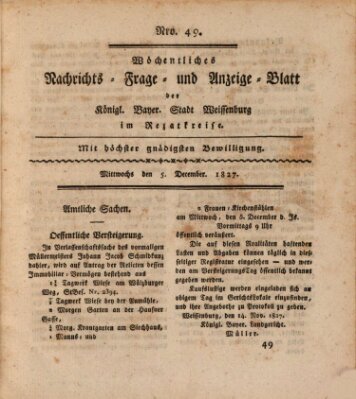 Wöchentliches Nachrichts-, Frage- und Anzeige-Blatt der Königlich Bayerischen Stadt Weissenburg in Mittelfranken Mittwoch 5. Dezember 1827