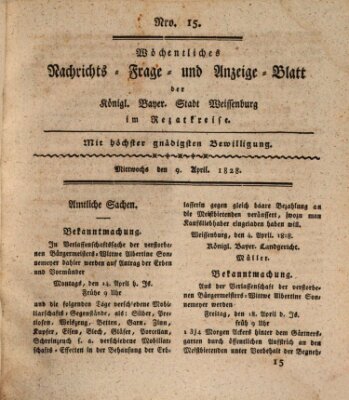 Wöchentliches Nachrichts-, Frage- und Anzeige-Blatt der Königlich Bayerischen Stadt Weissenburg in Mittelfranken Mittwoch 9. April 1828