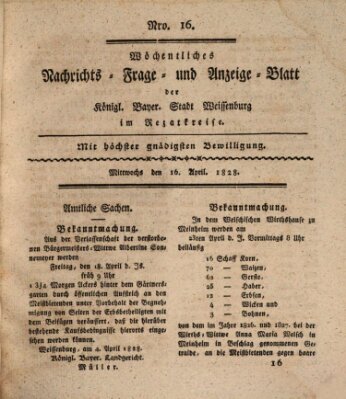 Wöchentliches Nachrichts-, Frage- und Anzeige-Blatt der Königlich Bayerischen Stadt Weissenburg in Mittelfranken Mittwoch 16. April 1828