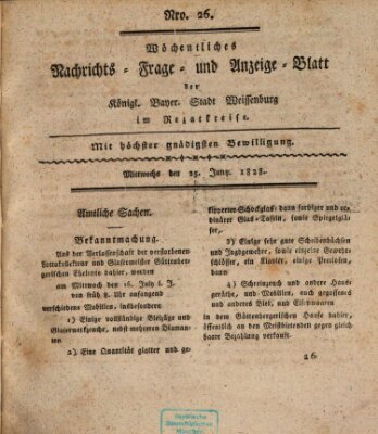 Wöchentliches Nachrichts-, Frage- und Anzeige-Blatt der Königlich Bayerischen Stadt Weissenburg in Mittelfranken Mittwoch 25. Juni 1828