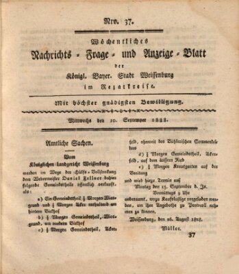 Wöchentliches Nachrichts-, Frage- und Anzeige-Blatt der Königlich Bayerischen Stadt Weissenburg in Mittelfranken Mittwoch 10. September 1828