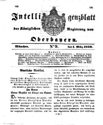 Intelligenzblatt der Königlich Bayerischen Regierung von Oberbayern (Münchner Intelligenzblatt) Freitag 1. März 1839