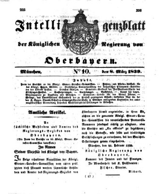 Intelligenzblatt der Königlich Bayerischen Regierung von Oberbayern (Münchner Intelligenzblatt) Freitag 8. März 1839