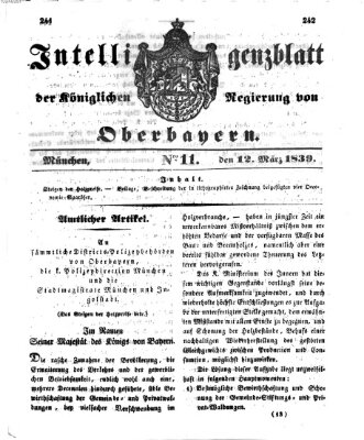 Intelligenzblatt der Königlich Bayerischen Regierung von Oberbayern (Münchner Intelligenzblatt) Dienstag 12. März 1839