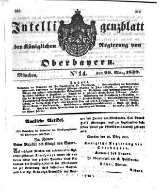 Intelligenzblatt der Königlich Bayerischen Regierung von Oberbayern (Münchner Intelligenzblatt) Freitag 29. März 1839