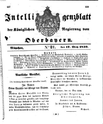 Intelligenzblatt der Königlich Bayerischen Regierung von Oberbayern (Münchner Intelligenzblatt) Freitag 17. Mai 1839