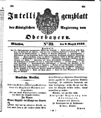 Intelligenzblatt der Königlich Bayerischen Regierung von Oberbayern (Münchner Intelligenzblatt) Freitag 2. August 1839