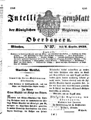 Intelligenzblatt der Königlich Bayerischen Regierung von Oberbayern (Münchner Intelligenzblatt) Freitag 6. September 1839