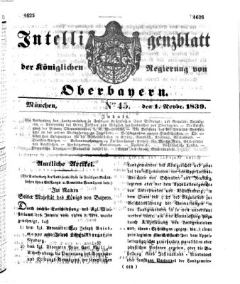 Intelligenzblatt der Königlich Bayerischen Regierung von Oberbayern (Münchner Intelligenzblatt) Freitag 1. November 1839