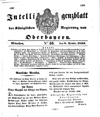 Intelligenzblatt der Königlich Bayerischen Regierung von Oberbayern (Münchner Intelligenzblatt) Freitag 8. November 1839