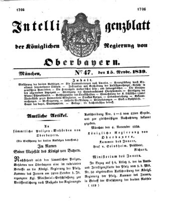 Intelligenzblatt der Königlich Bayerischen Regierung von Oberbayern (Münchner Intelligenzblatt) Freitag 15. November 1839