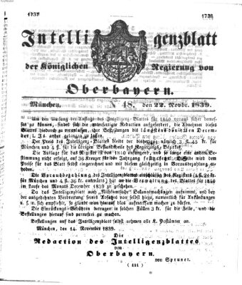 Intelligenzblatt der Königlich Bayerischen Regierung von Oberbayern (Münchner Intelligenzblatt) Freitag 22. November 1839