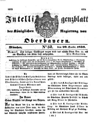 Intelligenzblatt der Königlich Bayerischen Regierung von Oberbayern (Münchner Intelligenzblatt) Freitag 20. Dezember 1839