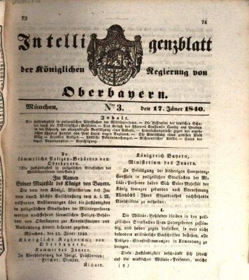 Intelligenzblatt der Königlich Bayerischen Regierung von Oberbayern (Münchner Intelligenzblatt) Freitag 17. Januar 1840