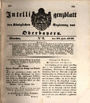 Intelligenzblatt der Königlich Bayerischen Regierung von Oberbayern (Münchner Intelligenzblatt) Freitag 28. Februar 1840