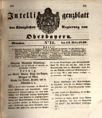 Intelligenzblatt der Königlich Bayerischen Regierung von Oberbayern (Münchner Intelligenzblatt) Freitag 13. März 1840