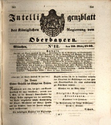 Intelligenzblatt der Königlich Bayerischen Regierung von Oberbayern (Münchner Intelligenzblatt) Freitag 20. März 1840