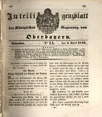 Intelligenzblatt der Königlich Bayerischen Regierung von Oberbayern (Münchner Intelligenzblatt) Freitag 3. April 1840