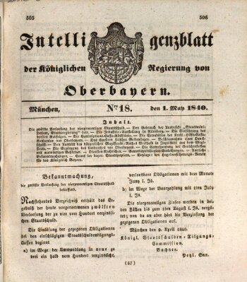 Intelligenzblatt der Königlich Bayerischen Regierung von Oberbayern (Münchner Intelligenzblatt) Freitag 1. Mai 1840