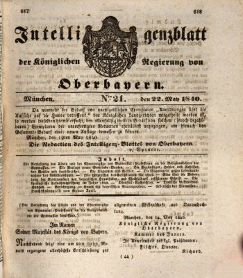 Intelligenzblatt der Königlich Bayerischen Regierung von Oberbayern (Münchner Intelligenzblatt) Freitag 22. Mai 1840