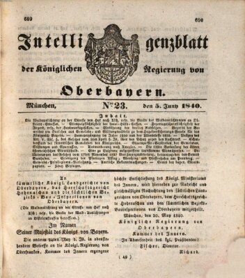 Intelligenzblatt der Königlich Bayerischen Regierung von Oberbayern (Münchner Intelligenzblatt) Freitag 5. Juni 1840