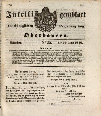 Intelligenzblatt der Königlich Bayerischen Regierung von Oberbayern (Münchner Intelligenzblatt) Samstag 20. Juni 1840