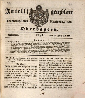 Intelligenzblatt der Königlich Bayerischen Regierung von Oberbayern (Münchner Intelligenzblatt) Freitag 3. Juli 1840