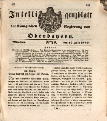 Intelligenzblatt der Königlich Bayerischen Regierung von Oberbayern (Münchner Intelligenzblatt) Freitag 17. Juli 1840