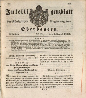 Intelligenzblatt der Königlich Bayerischen Regierung von Oberbayern (Münchner Intelligenzblatt) Freitag 7. August 1840